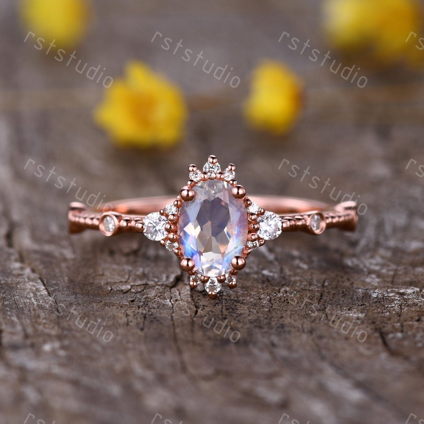 0.65 carat natural Moonstone engagement ring rose gold diamond wedding ring Art Deco anniversary ring Moonstone Rings for wome