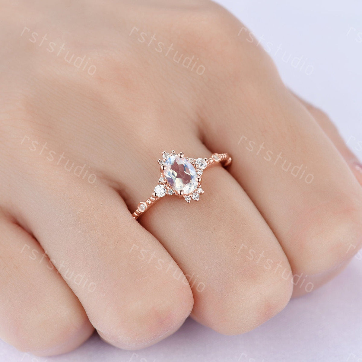 0.65 carat natural Moonstone engagement ring rose gold diamond wedding ring Art Deco anniversary ring Moonstone Rings for wome
