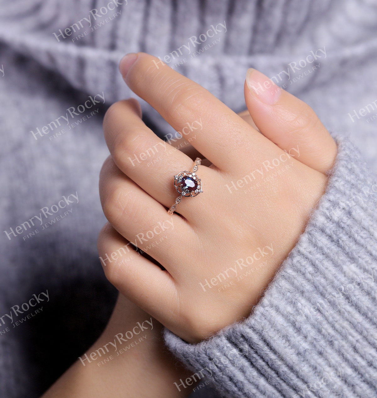 Vintage Alexandrite Engagement Ring | Rose gold ring Moissanite wedding ring | Diamond Bridal ring Milgrain Art deco ring | Anniversary ring