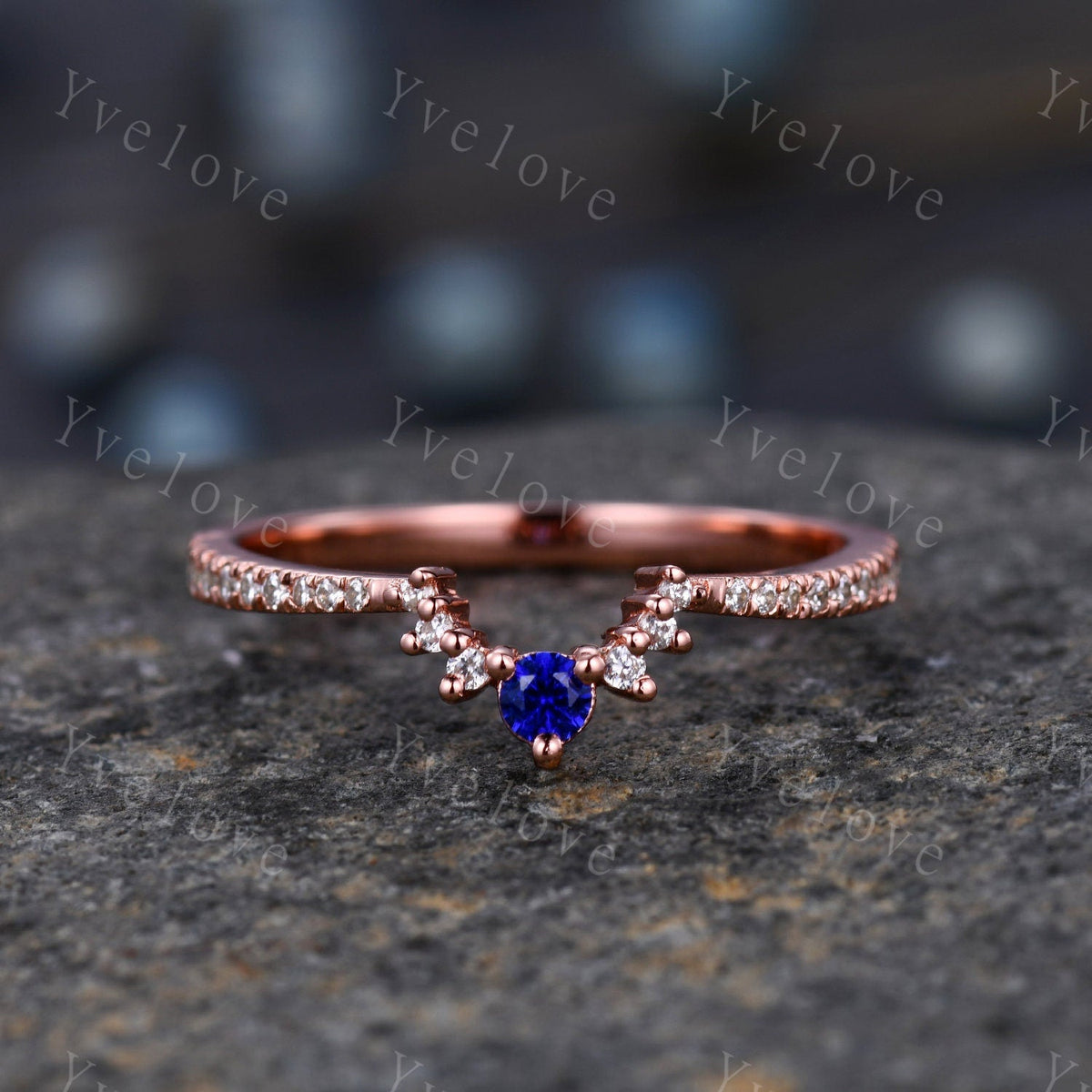 2.5mm Blue Sapphire Diamond Engagement Matching Band Stacking  ring Curved shape Half Eternity diamond Danity wedding band Bridal Ring Set