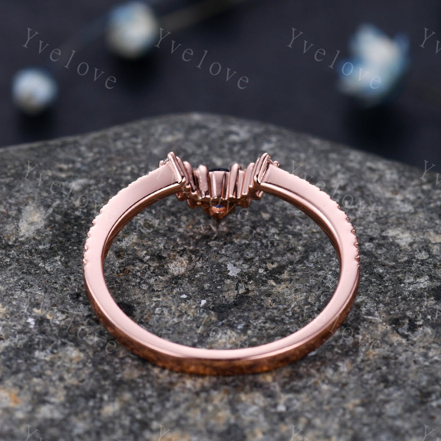 2.5mm Blue Sapphire Diamond Engagement Matching Band Stacking  ring Curved shape Half Eternity diamond Danity wedding band Bridal Ring Set