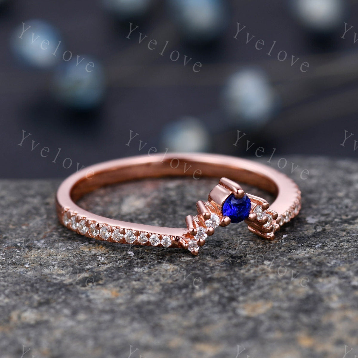 2.5mm Blue Sapphire Diamond Engagement Matching Band Stacking  ring Curved shape Half Eternity diamond Danity wedding band Bridal Ring Set