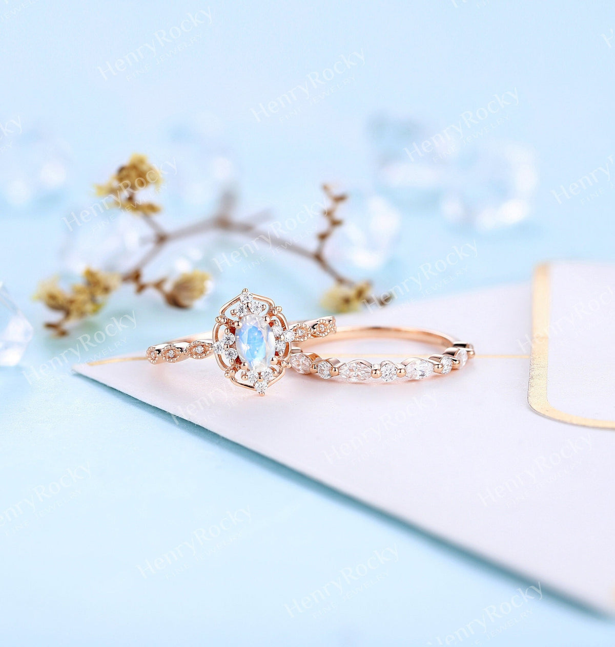 Art deco Moonstone engagement ring set | Antique rose gold bridal set | Vintage diamond milgrain wedding ring set | Anniversary promise ring