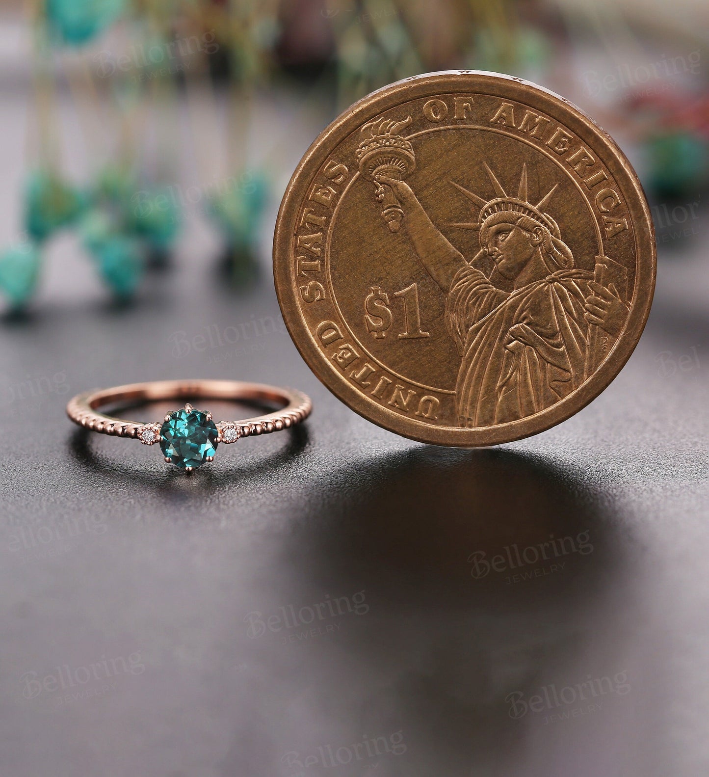 Delicate Alexandrite engagement ring, Vintage diamond rose gold wedding ring, Unique Art deco bridal ring, Anniversary three stones ring