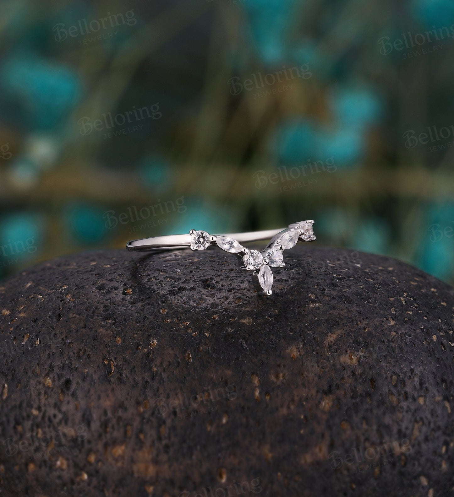 Moissanite Curved wedding band, chevron band white gold Vintage marquise cut V shape band, Antique stacking Promise Anniversary wedding ring