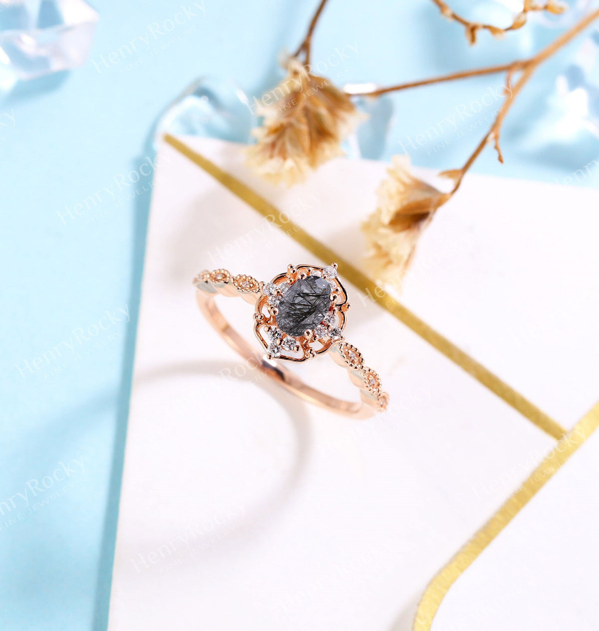 Black Rutilated Quartz Engagement women ring | Antique Oval shaped Bridal Jewelry | Art deco Halo Rose gold Ring Milgrain | Anniversary ring