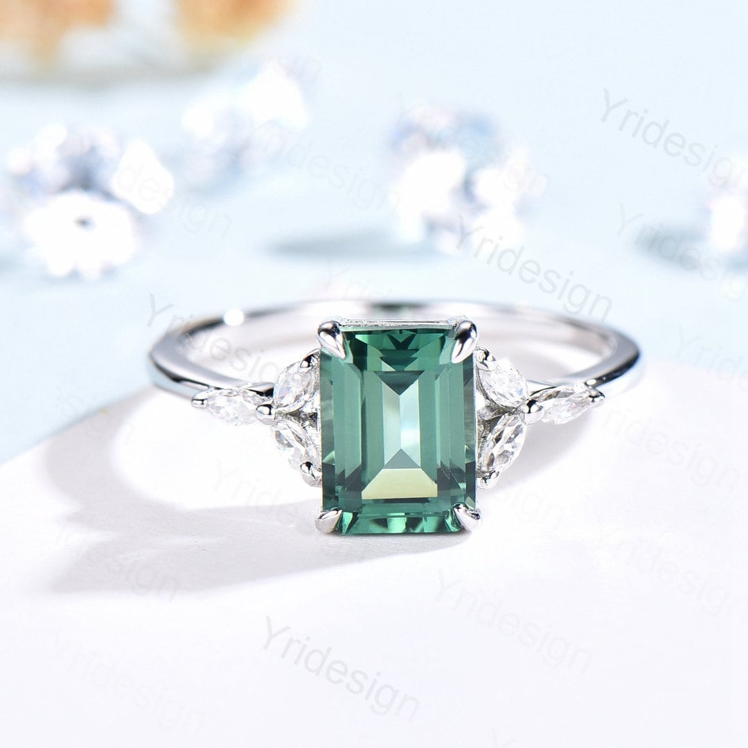Emerald Cut Green Sapphire Engagement Ring,Vintage Glamour Ring