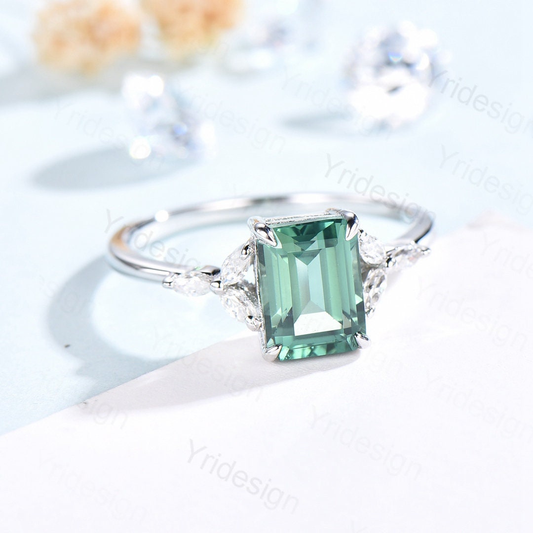 Emerald Cut Green Sapphire Engagement Ring,Vintage Glamour Ring