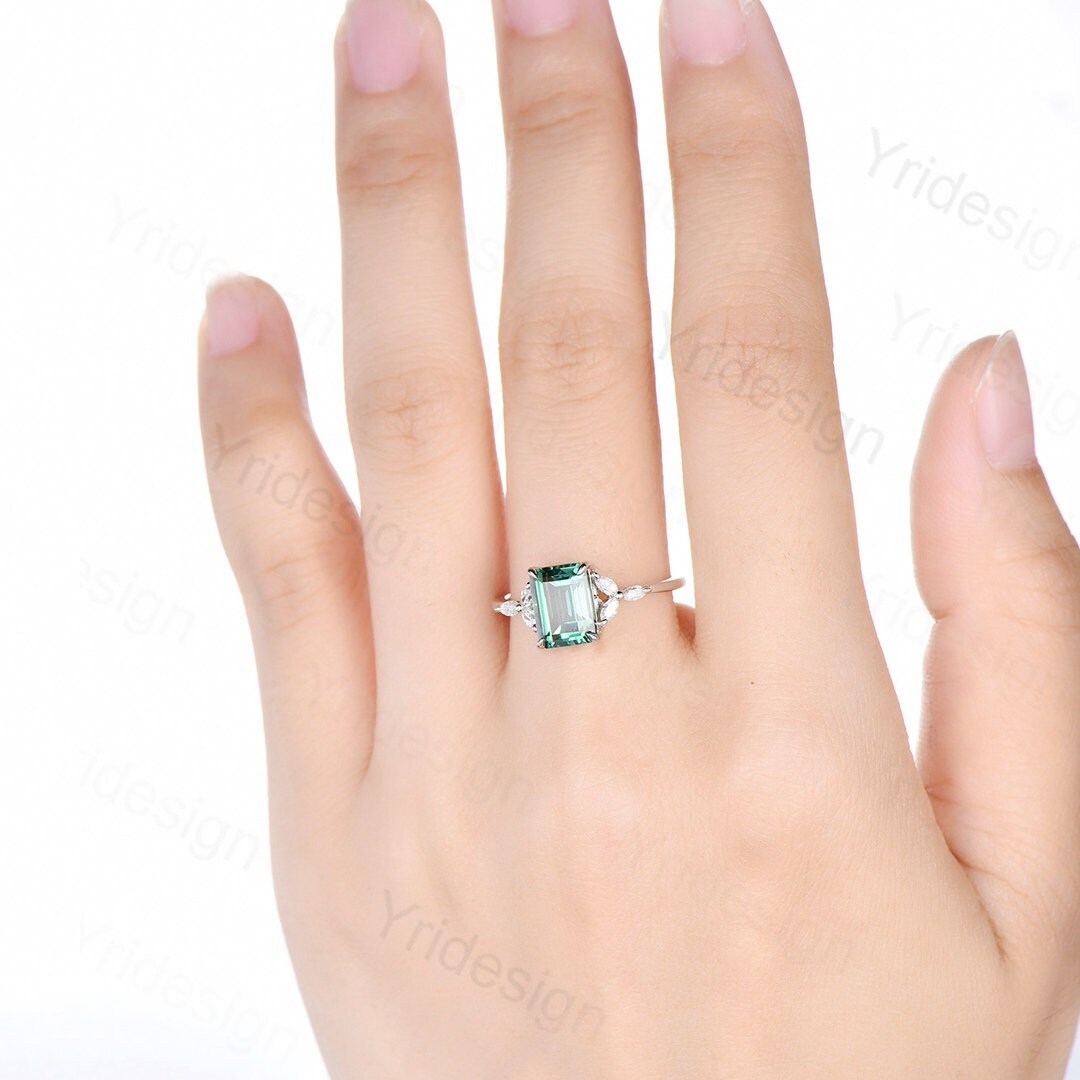 Emerald Cut Green Sapphire Engagement Ring,Vintage Glamour Ring