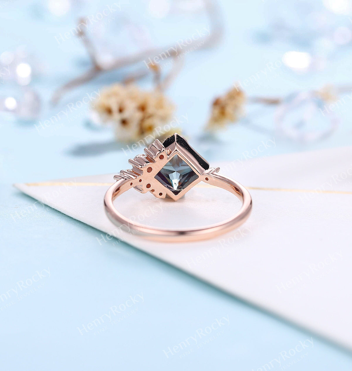 Alexandrite Engagement Ring Rose Gold Ring | Vintage Princess cut Wedding Ring | Art deco Moissanite Bridal Ring | Anniversary Promise Ring
