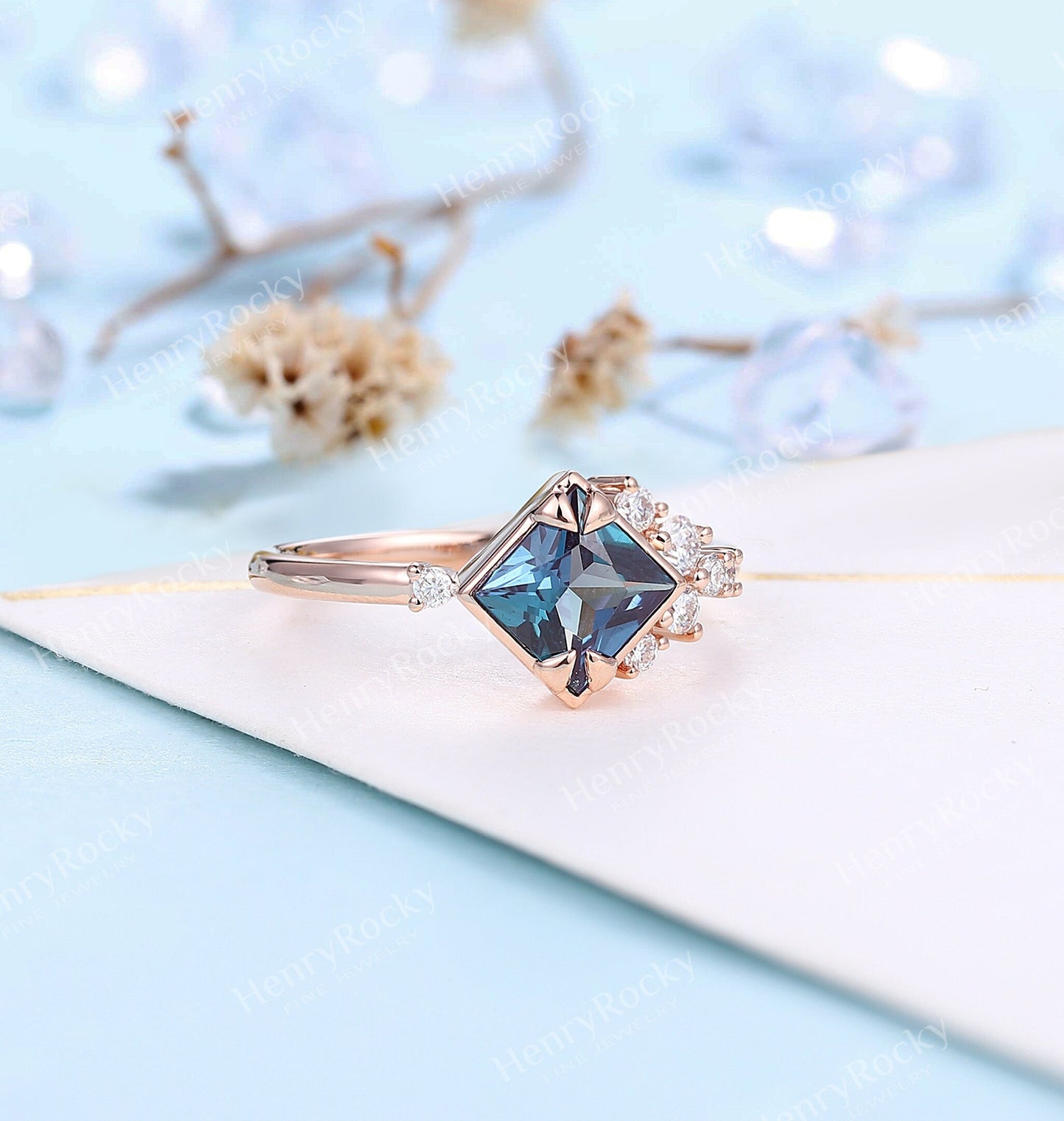 Alexandrite Engagement Ring Rose Gold Ring | Vintage Princess cut Wedding Ring | Art deco Moissanite Bridal Ring | Anniversary Promise Ring