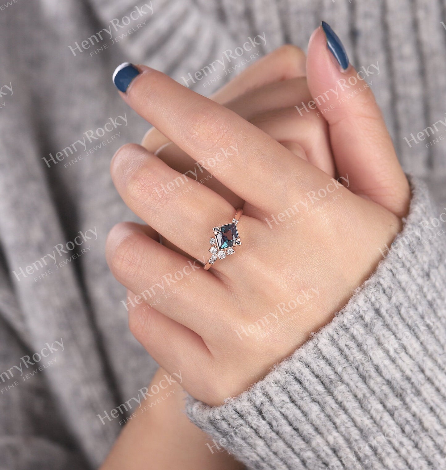 Alexandrite Engagement Ring Rose Gold Ring | Vintage Princess cut Wedding Ring | Art deco Moissanite Bridal Ring | Anniversary Promise Ring