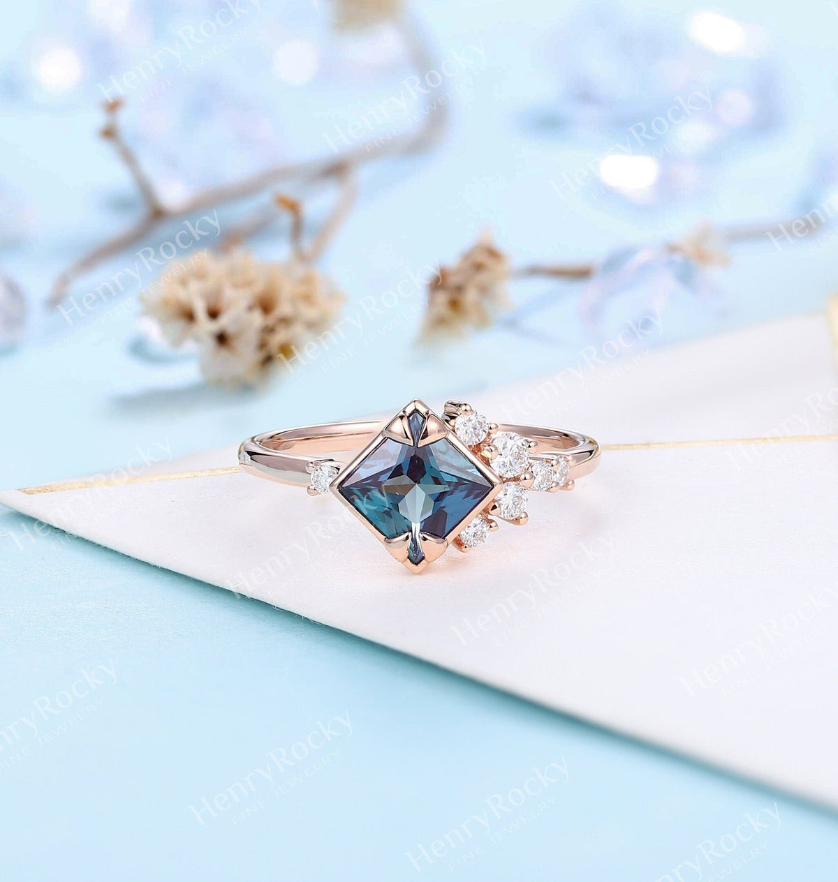 Alexandrite Engagement Ring Rose Gold Ring | Vintage Princess cut Wedding Ring | Art deco Moissanite Bridal Ring | Anniversary Promise Ring