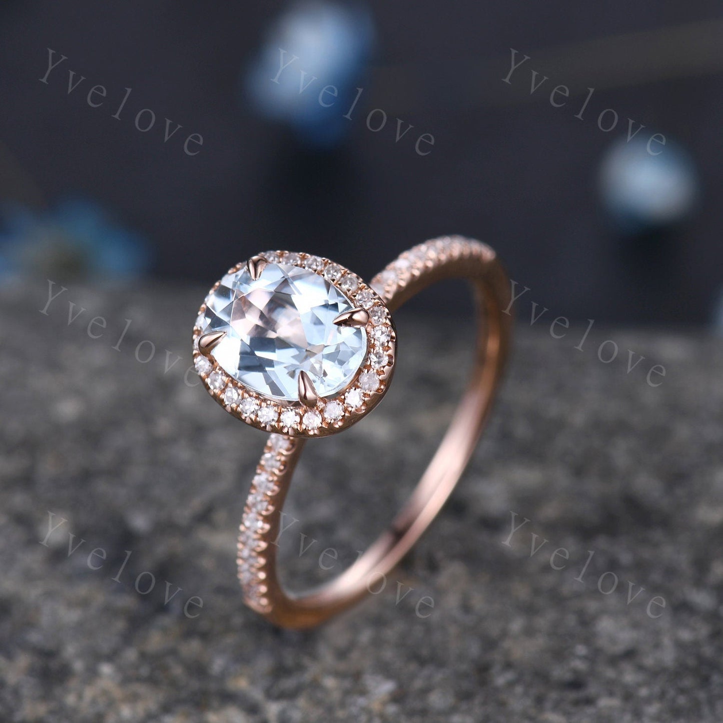Aquamarine engagement ring rose gold promise ring 6x8mm oval cut natural VS aquamarine solid 14k diamond band halo ring custom ring