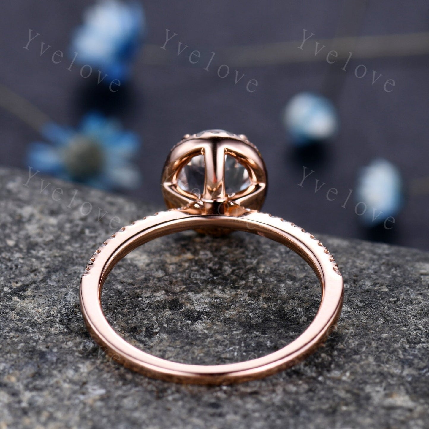Aquamarine engagement ring rose gold promise ring 6x8mm oval cut natural VS aquamarine solid 14k diamond band halo ring custom ring