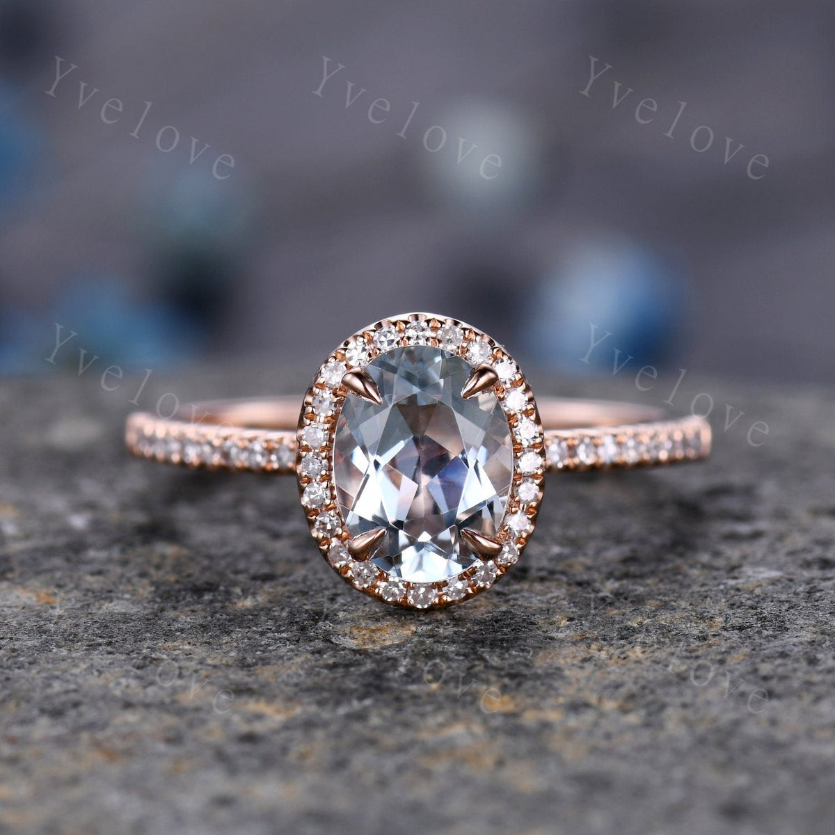 Aquamarine engagement ring rose gold promise ring 6x8mm oval cut natural VS aquamarine solid 14k diamond band halo ring custom ring