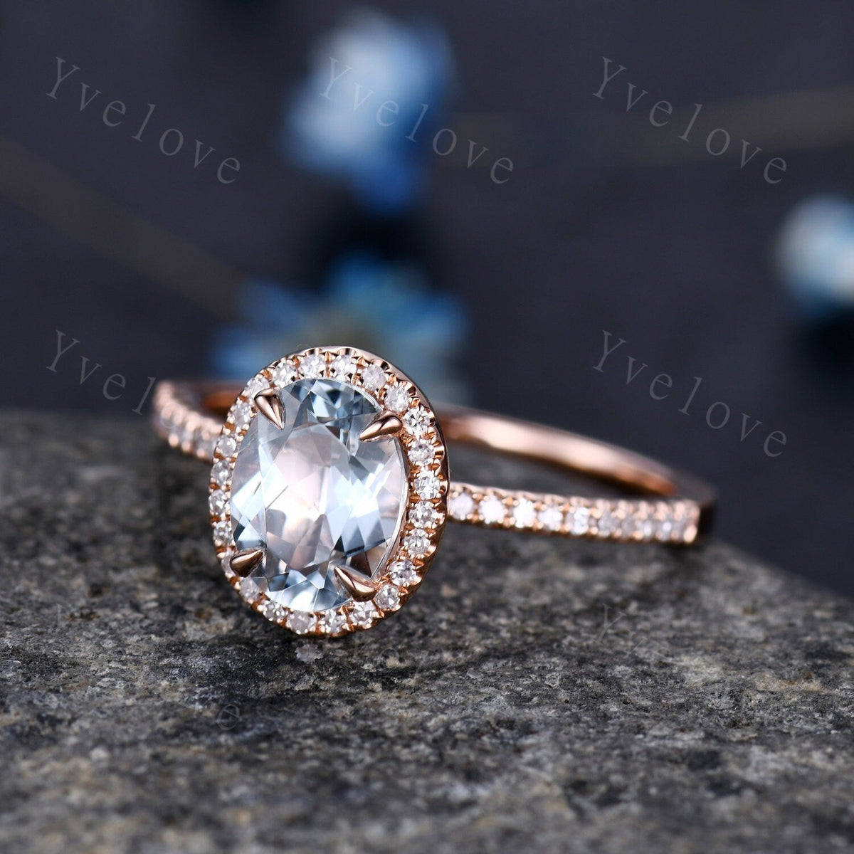 Aquamarine engagement ring rose gold promise ring 6x8mm oval cut natural VS aquamarine solid 14k diamond band halo ring custom ring