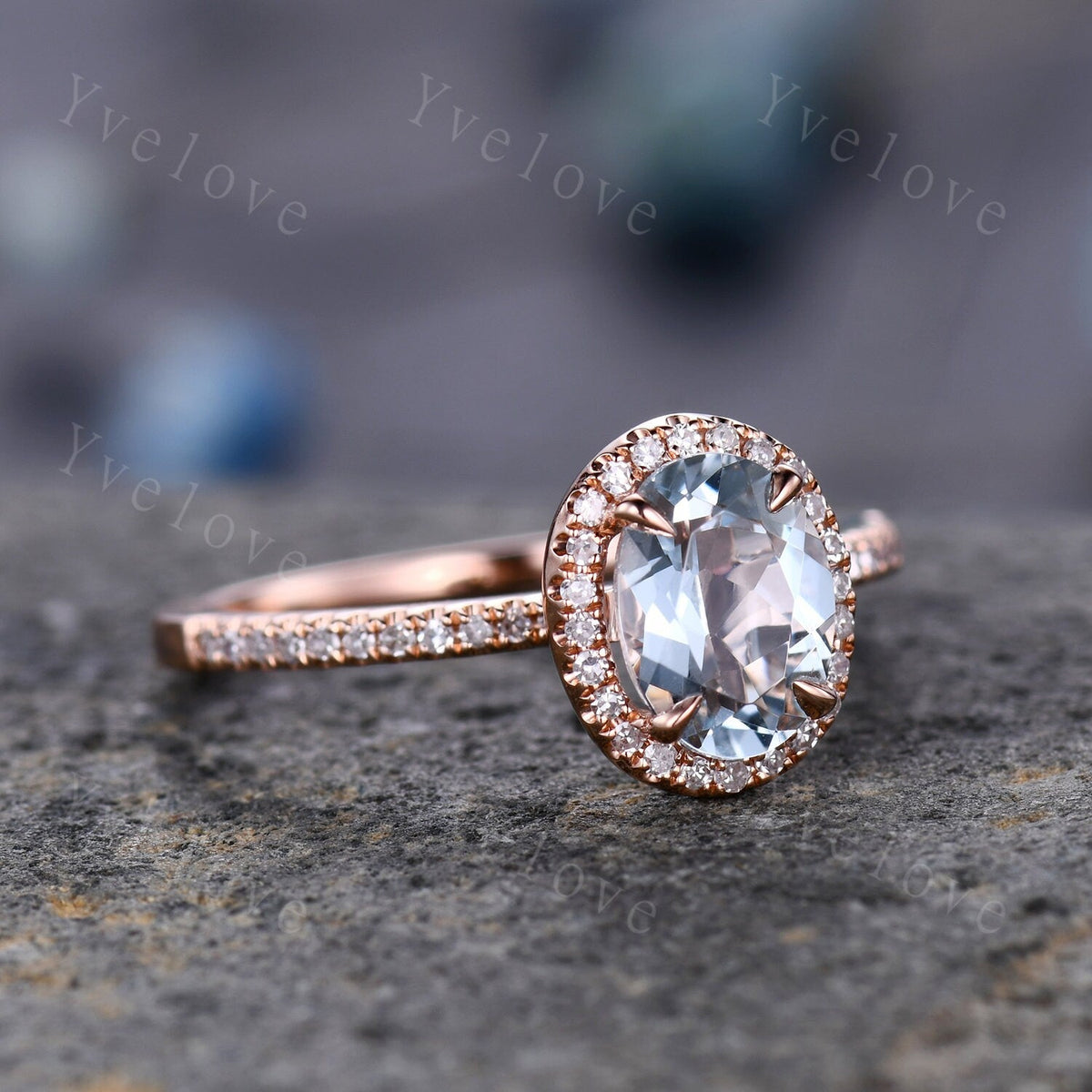 Aquamarine engagement ring rose gold promise ring 6x8mm oval cut natural VS aquamarine solid 14k diamond band halo ring custom ring