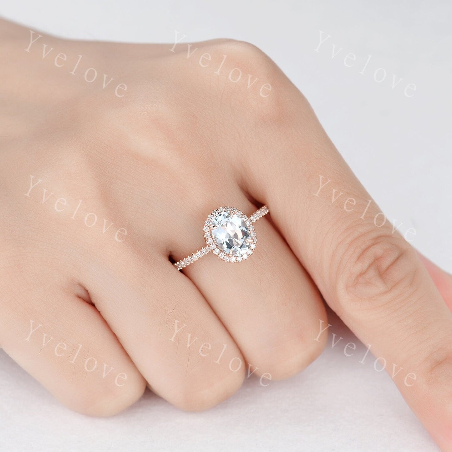 Aquamarine engagement ring rose gold promise ring 6x8mm oval cut natural VS aquamarine solid 14k diamond band halo ring custom ring