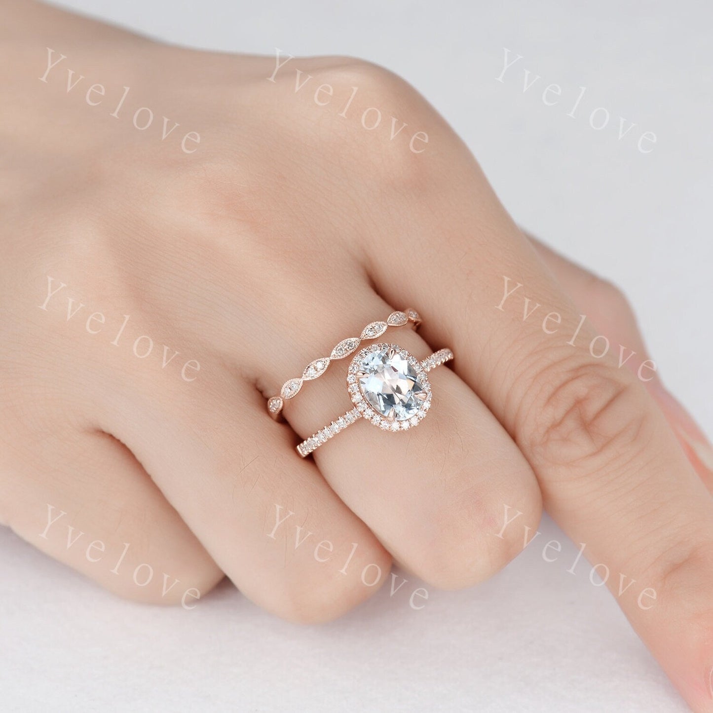 Aquamarine engagement ring rose gold promise ring 6x8mm oval cut natural VS aquamarine solid 14k diamond band halo ring custom ring