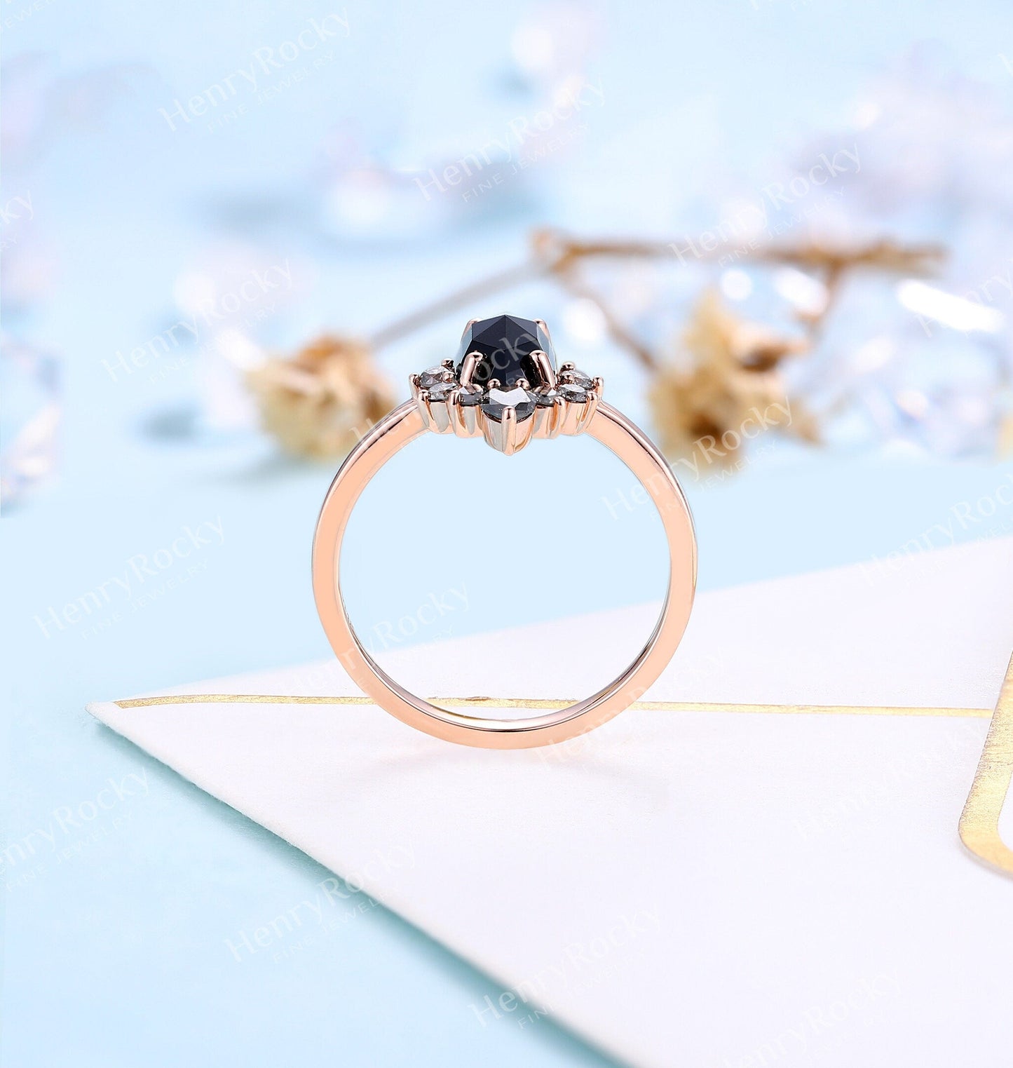 Black Onyx engagement ring | Salt and pepper diamond art deco wedding ring | Rose cut ring Hexagon bridal ring | Rose gold ring |Anniversary