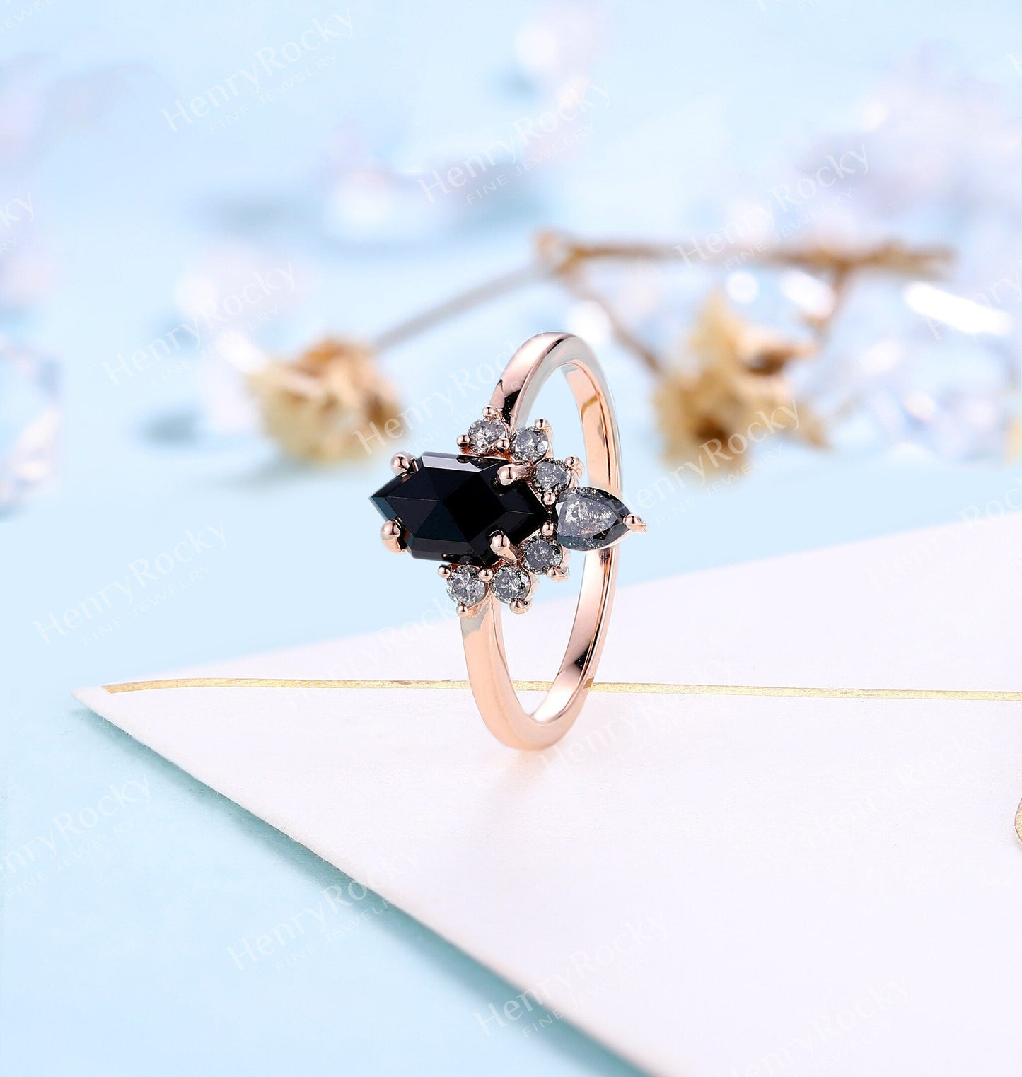 Black Onyx engagement ring | Salt and pepper diamond art deco wedding ring | Rose cut ring Hexagon bridal ring | Rose gold ring |Anniversary