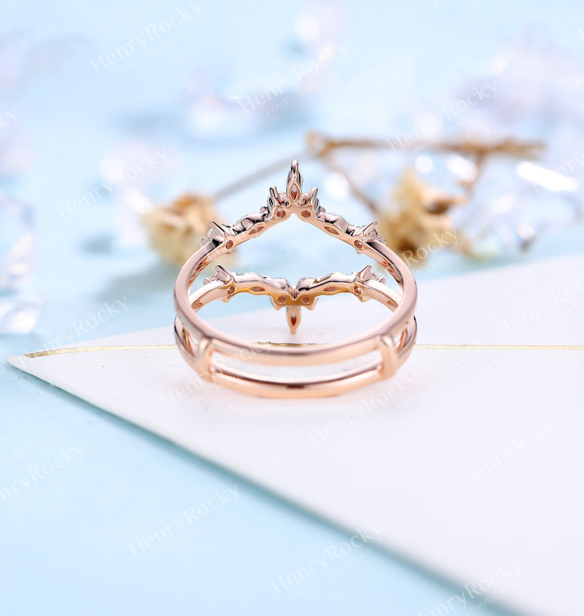 Art deco Moissanite Enhancer wedding band | Vintage Rose gold Diamond band | Unique Marquise cut wedding ring | Promise anniversary band