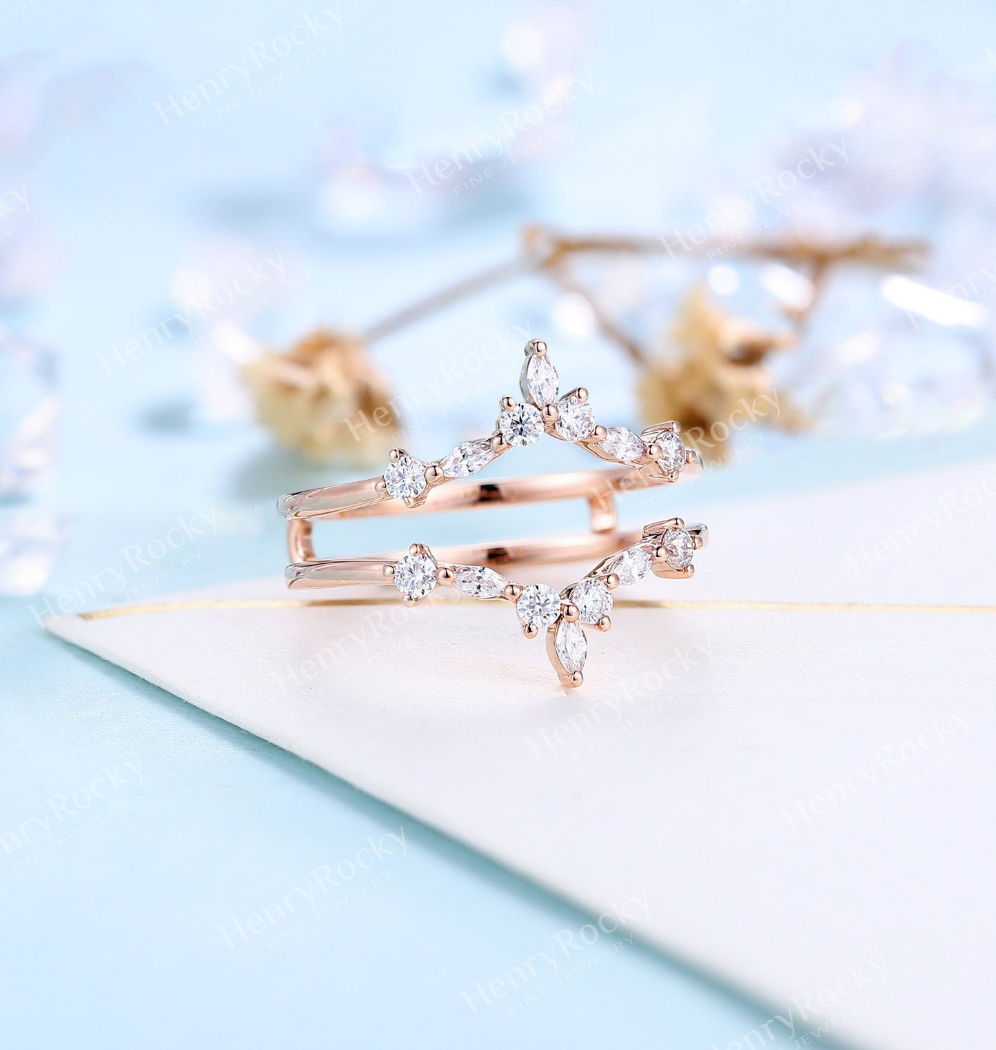 Art deco Moissanite Enhancer wedding band | Vintage Rose gold Diamond band | Unique Marquise cut wedding ring | Promise anniversary band
