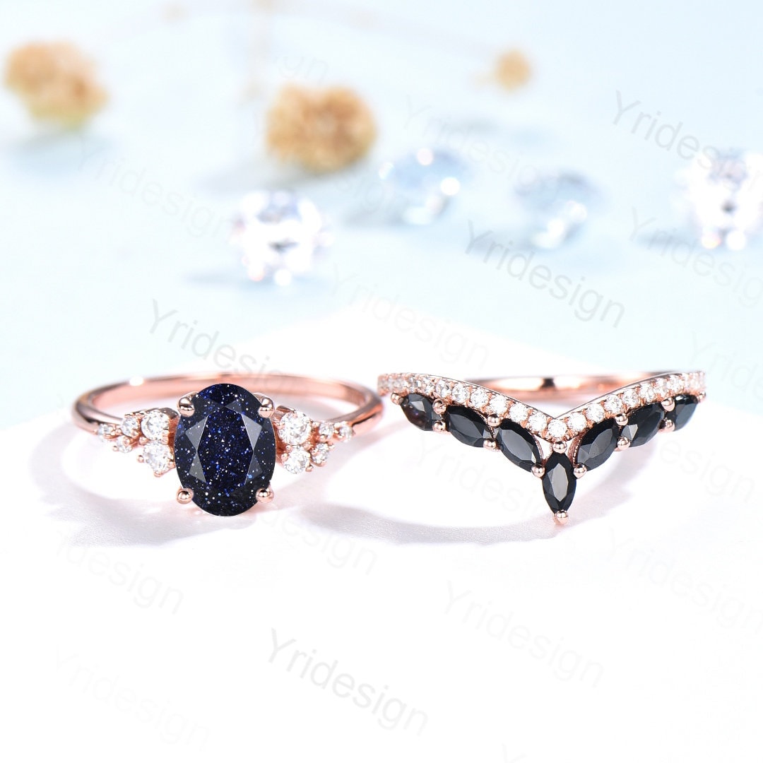 Oval Blue Sandstone Engagement Ring Set, 14k Rose Gold, Black Diamond & Moissanite
