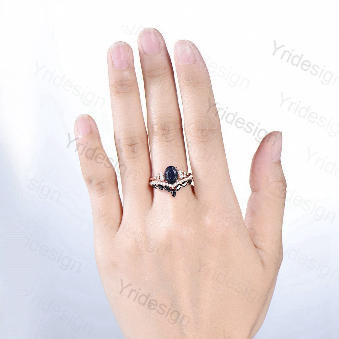 Oval Blue Sandstone Engagement Ring Set, 14k Rose Gold, Black Diamond & Moissanite
