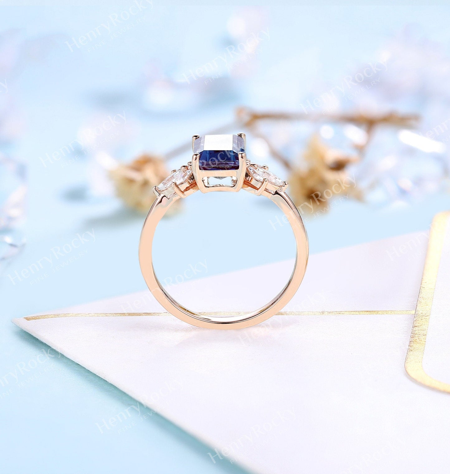 Emerald Cut Alexandrite Engagement Ring | Art Deco Rose gold ring  women | Vintage Moissanite Wedding Ring | Unique Anniversary Promise ring