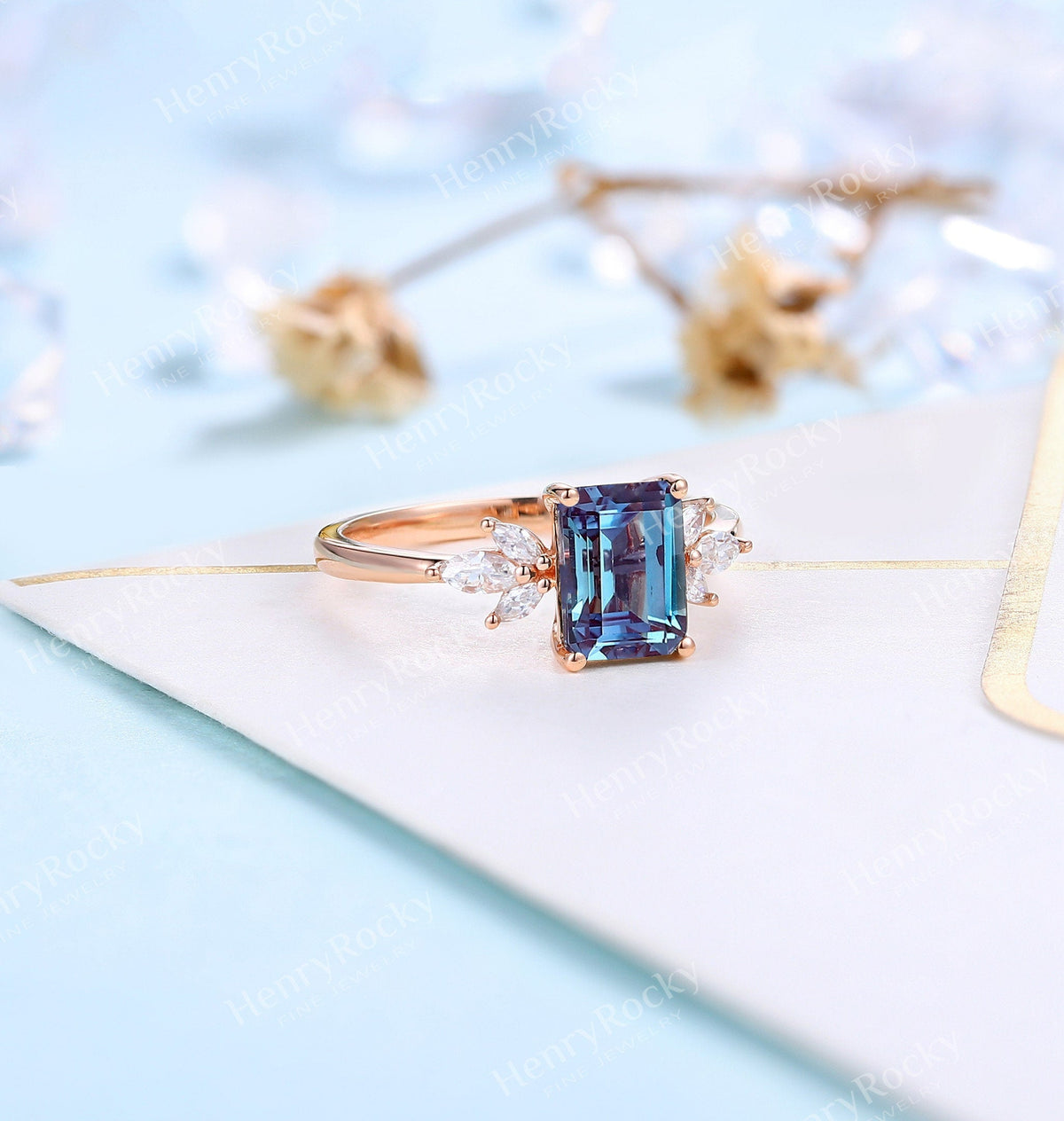 Emerald Cut Alexandrite Engagement Ring | Art Deco Rose gold ring  women | Vintage Moissanite Wedding Ring | Unique Anniversary Promise ring