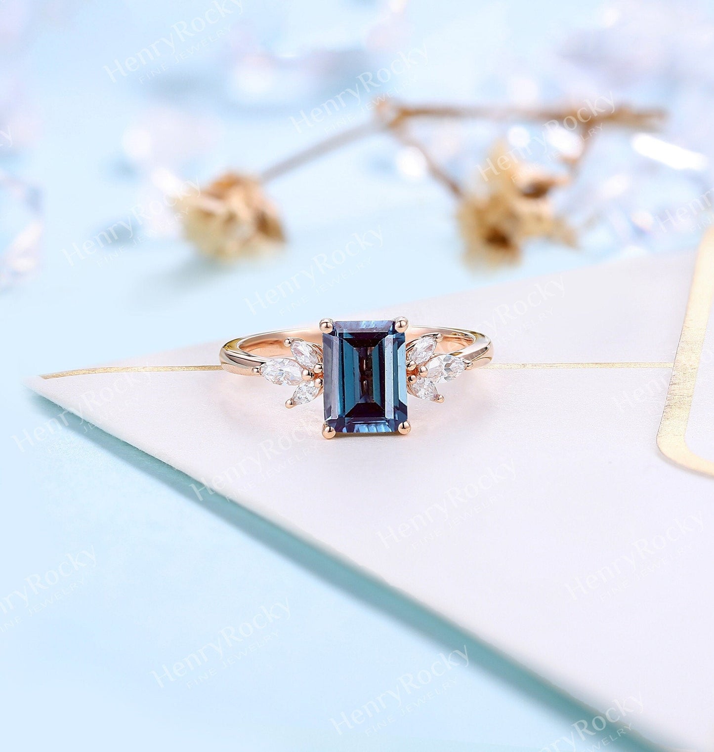 Emerald Cut Alexandrite Engagement Ring | Art Deco Rose gold ring  women | Vintage Moissanite Wedding Ring | Unique Anniversary Promise ring