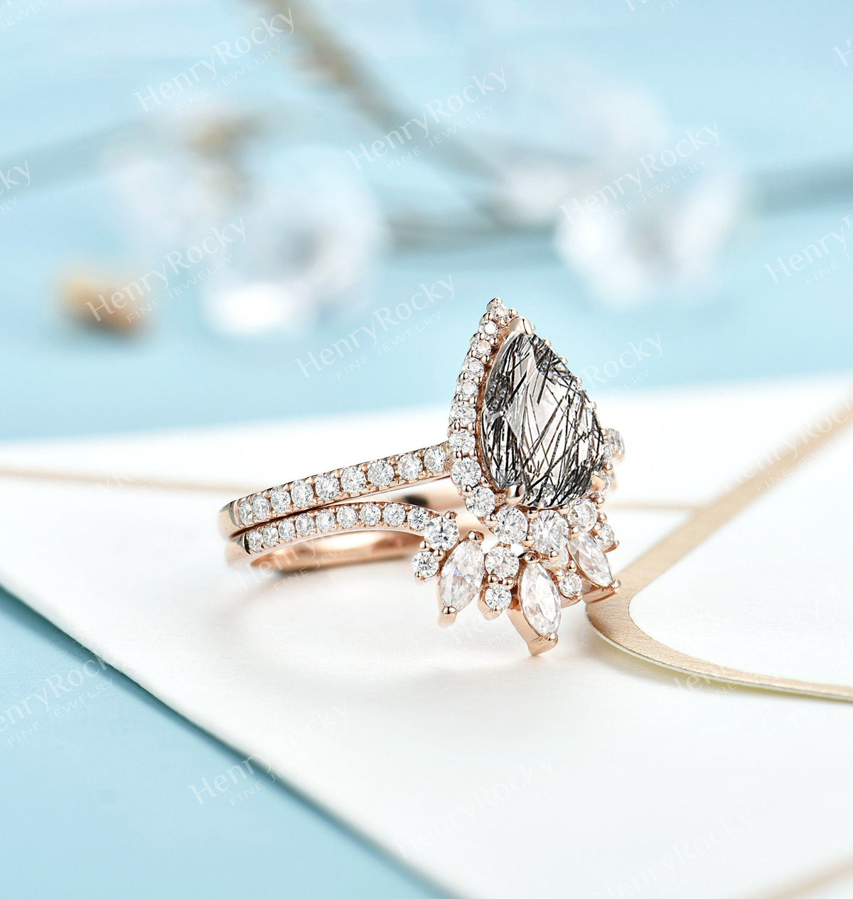 Black Rutilated Quartz Engagement ring set | Rose gold wedding set | Vintage Pear cut ring | Curved moissanite wedding band | Anniversary