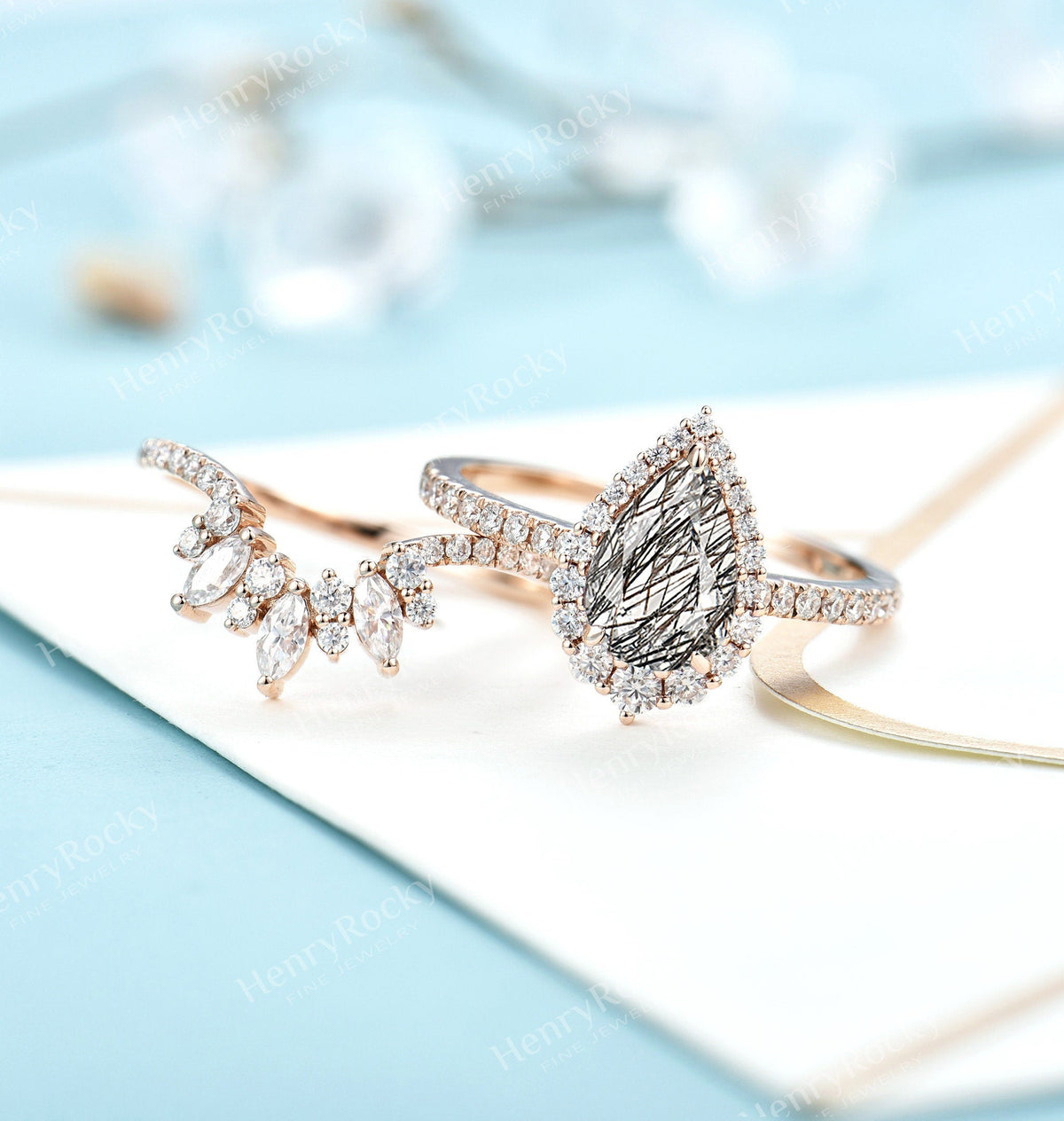 Black Rutilated Quartz Engagement ring set | Rose gold wedding set | Vintage Pear cut ring | Curved moissanite wedding band | Anniversary