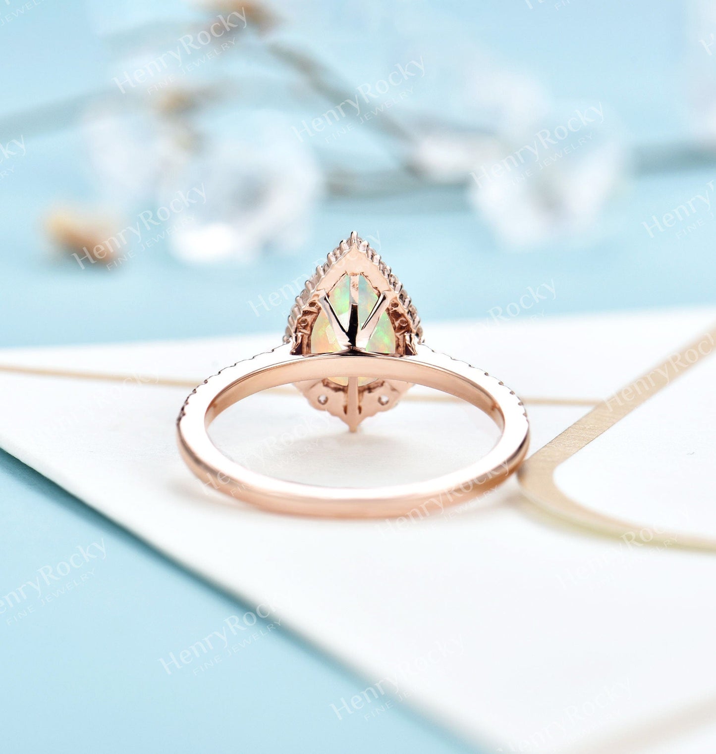 Faceted Opal Engagement Ring Rose Gold ring | Antique Pear shaped Wedding ring | Vintage moissanite ring | half eternity ring | Anniversary