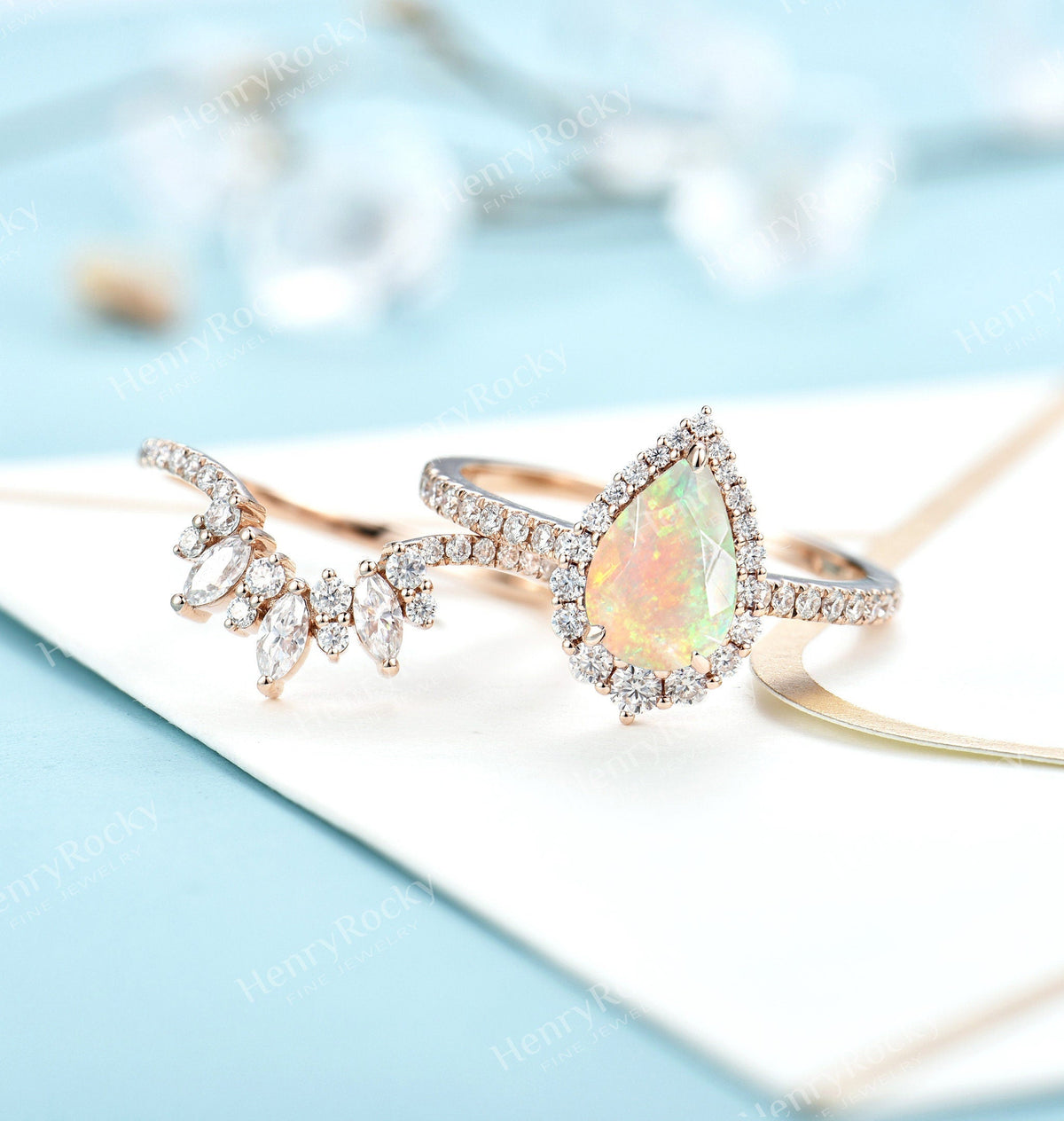 Faceted Opal Engagement ring set | Rose gold wedding ring | Vintage moissanite bridal set | Antique pear cut ring | Anniversary promise ring