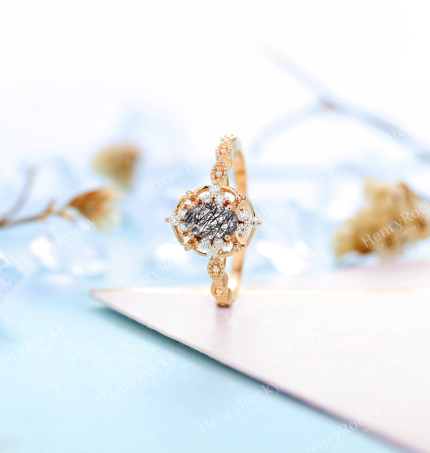 Black Rutilated Quartz Engagement Ring Women yellow Gold | Antique Oval cut Bridal Jewelry | Art deco Halo Ring Milgrain | Anniversary ring