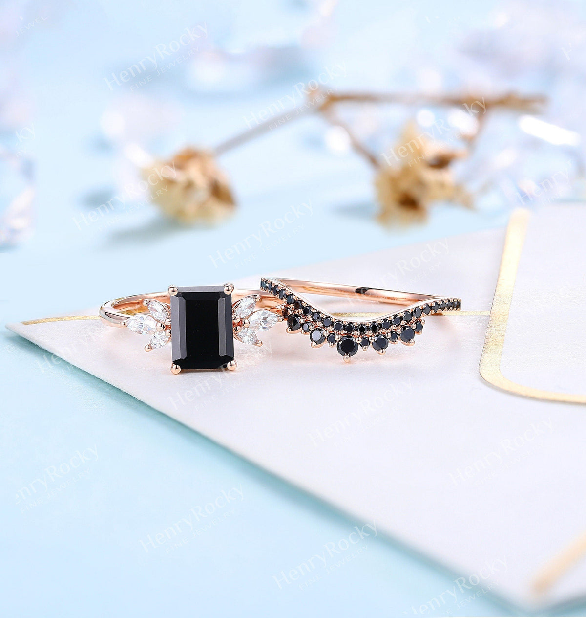 Black Onyx Engagement Ring Set | Emerald Cut Rose Gold Wedding Set | Vintage Moissanite Bridal Ring | Unique Anniversary Ring Promise Ring