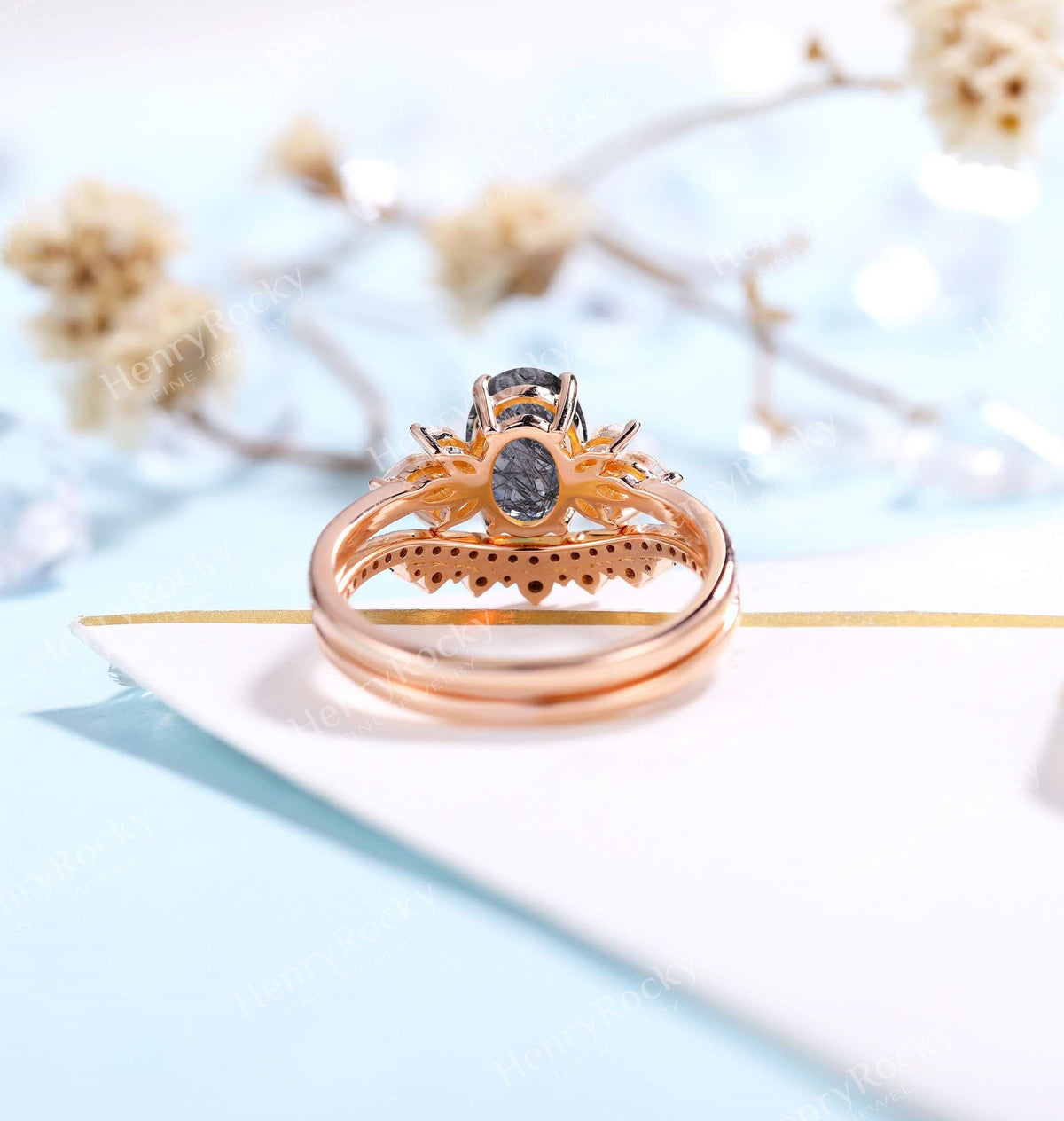Black Rutilated Quartz Engagement Ring set | Oval shaped Rose gold ring |Art deco ring Black Diamond Wedding band | Anniversary Promise ring