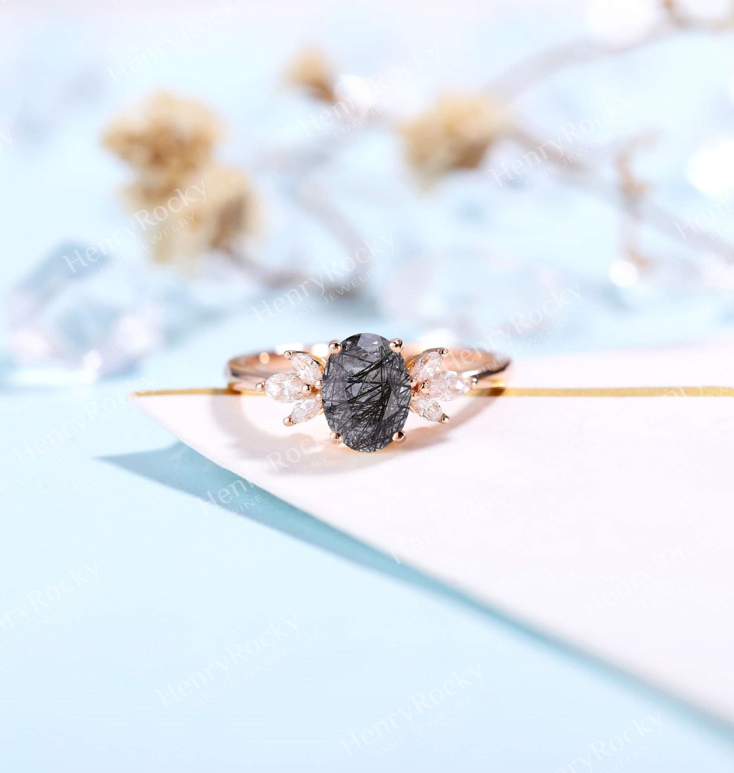 Black Rutilated Quartz Engagement Ring set | Oval shaped Rose gold ring |Art deco ring Black Diamond Wedding band | Anniversary Promise ring