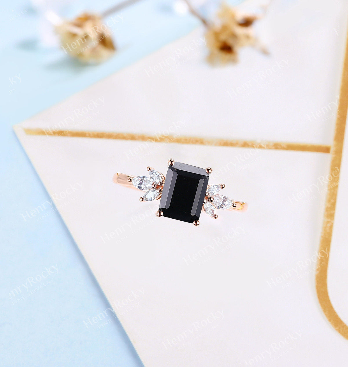 Emerald Cut Black Onyx Engagement Ring | Art Deco Rose gold ring  women | Vintage Moissanite Wedding Ring | Unique Anniversary Promise ring