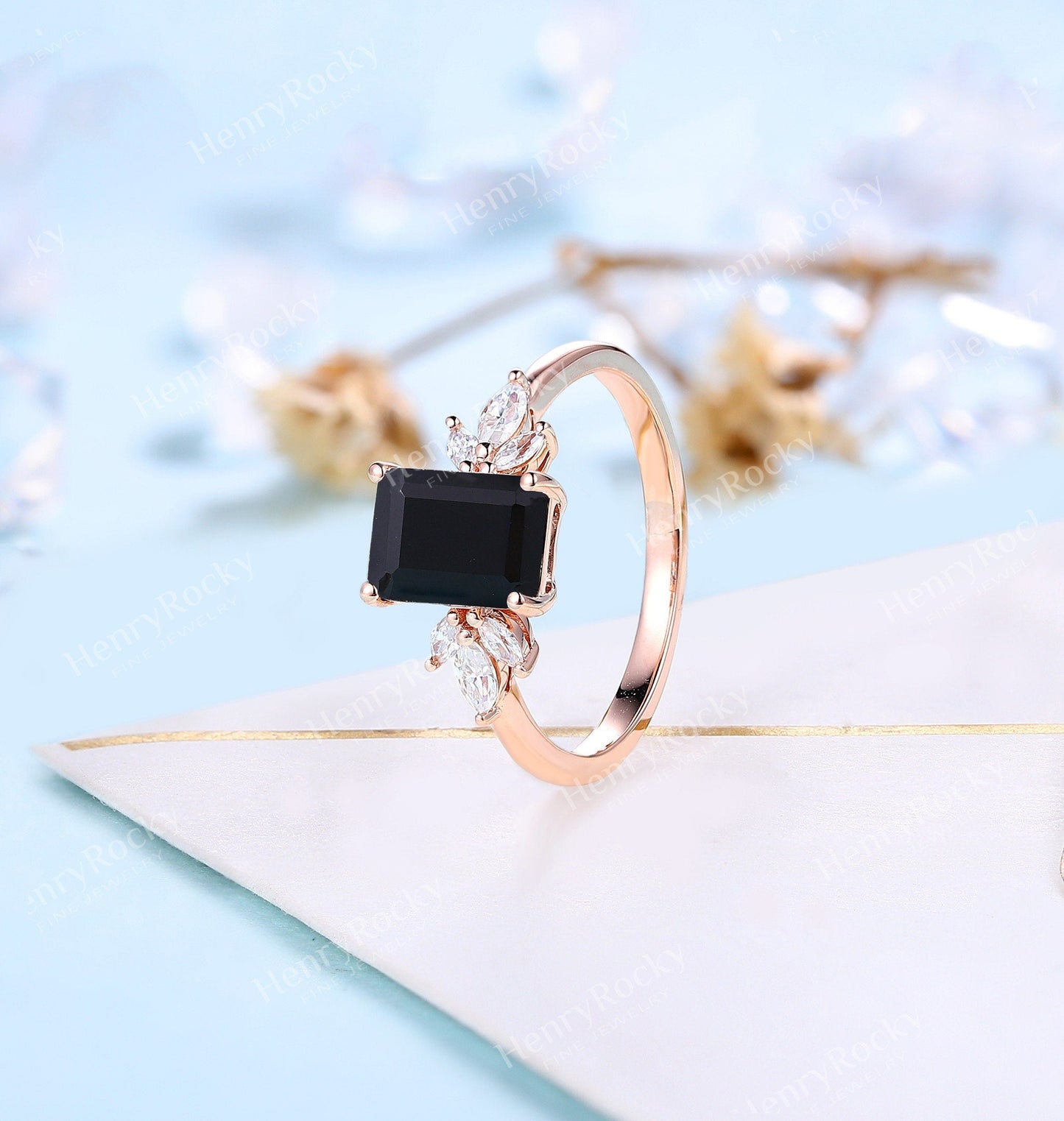 Emerald Cut Black Onyx Engagement Ring | Art Deco Rose gold ring  women | Vintage Moissanite Wedding Ring | Unique Anniversary Promise ring