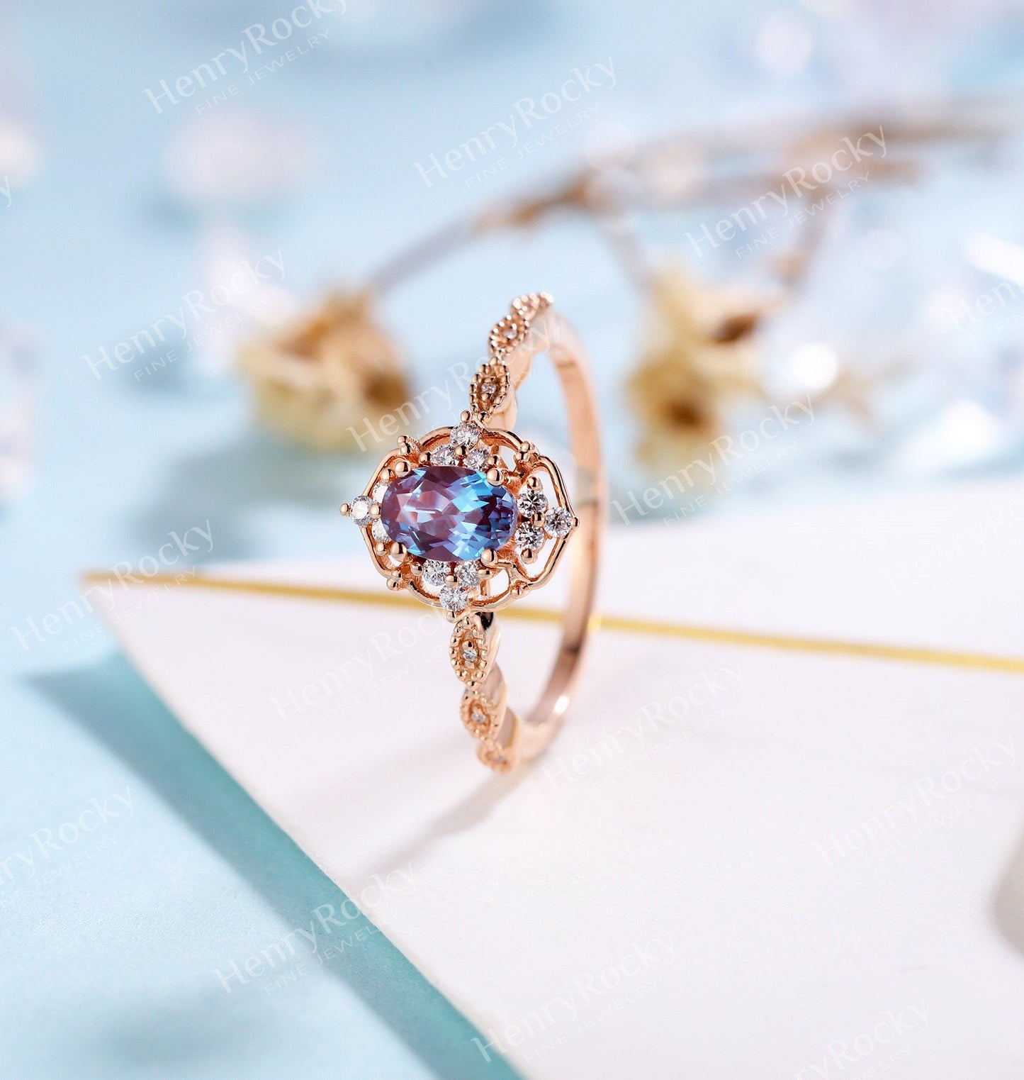 Vintage Alexandrite Engagement Ring | Rose gold ring Moissanite wedding ring | Diamond Bridal ring Milgrain Art deco ring | Anniversary ring