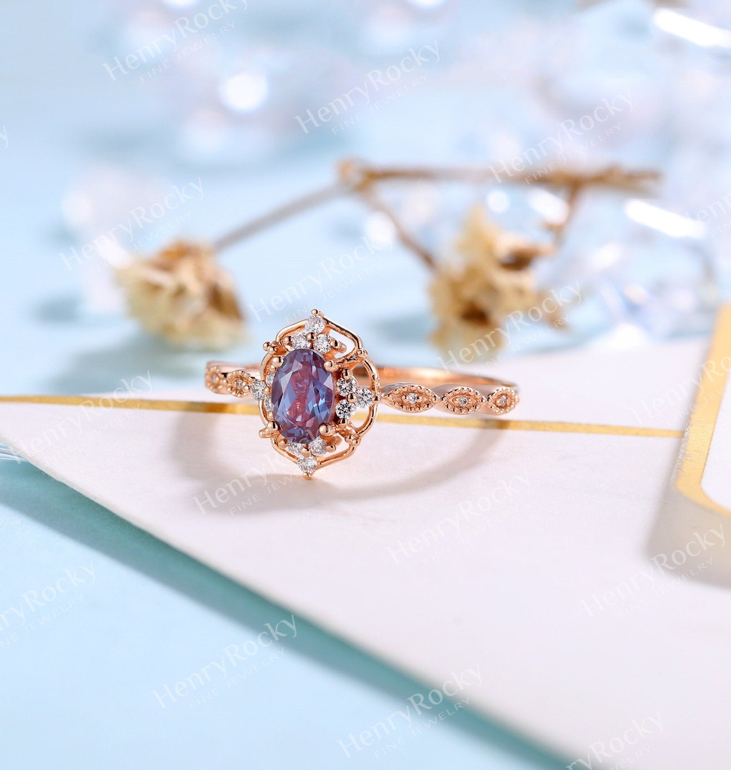 Vintage Alexandrite Engagement Ring | Rose gold ring Moissanite wedding ring | Diamond Bridal ring Milgrain Art deco ring | Anniversary ring