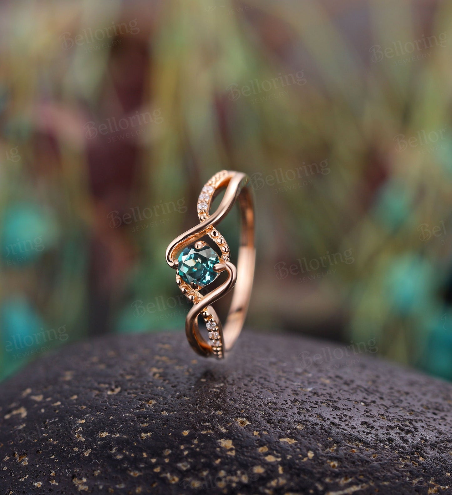 Alexandrite engagement ring, Vintage diamond rose gold wedding ring, Unique wedding Art deco Delicate Anniversary wedding promise ring