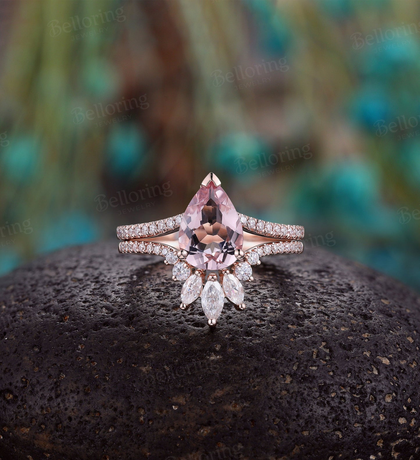 Morganite engagement ring set, pear shaped curved wedding band, vintage moissanite/diamond ring, rose gold Wedding unique anniversary ring