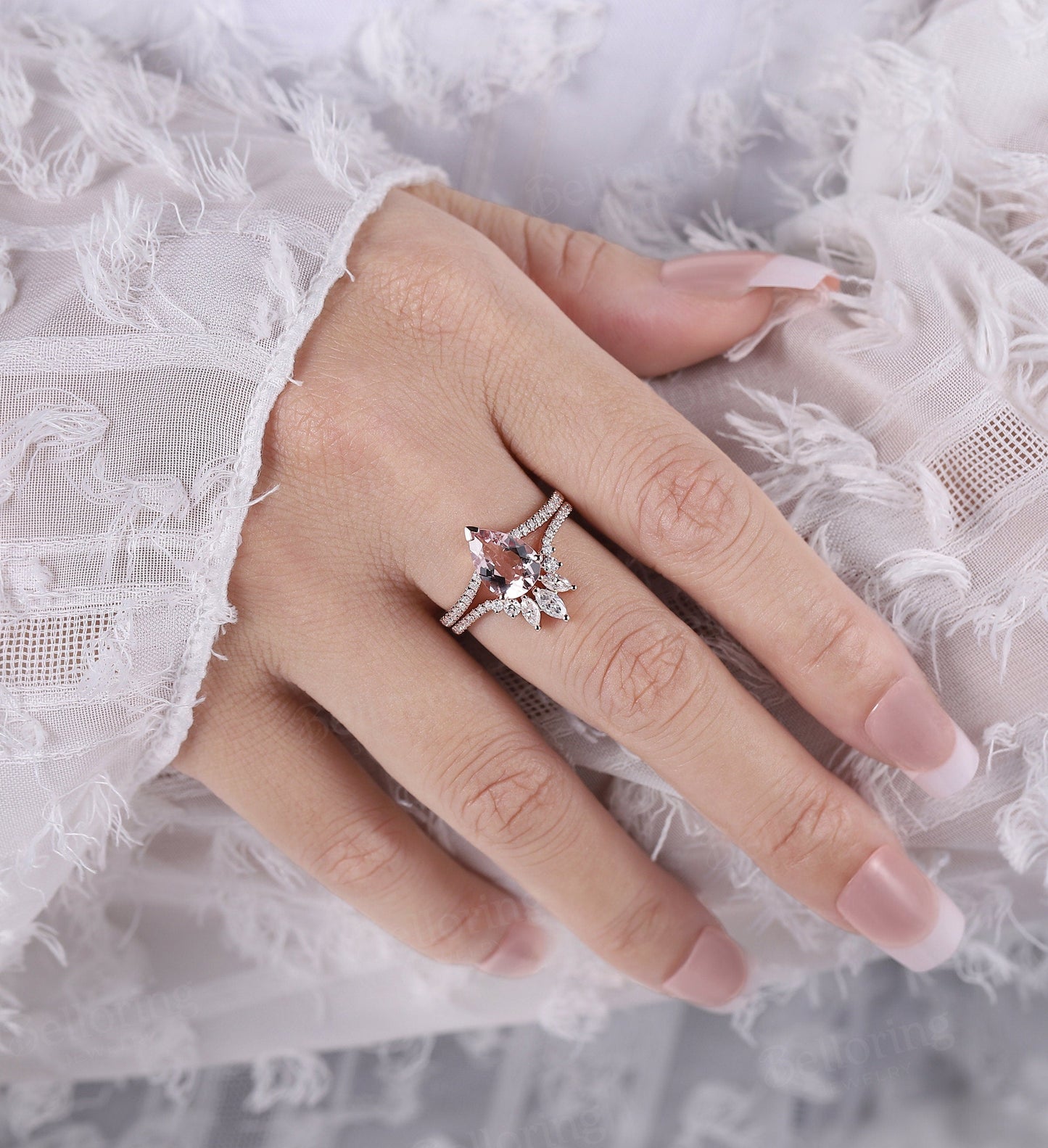 Morganite engagement ring set, pear shaped curved wedding band, vintage moissanite/diamond ring, rose gold Wedding unique anniversary ring