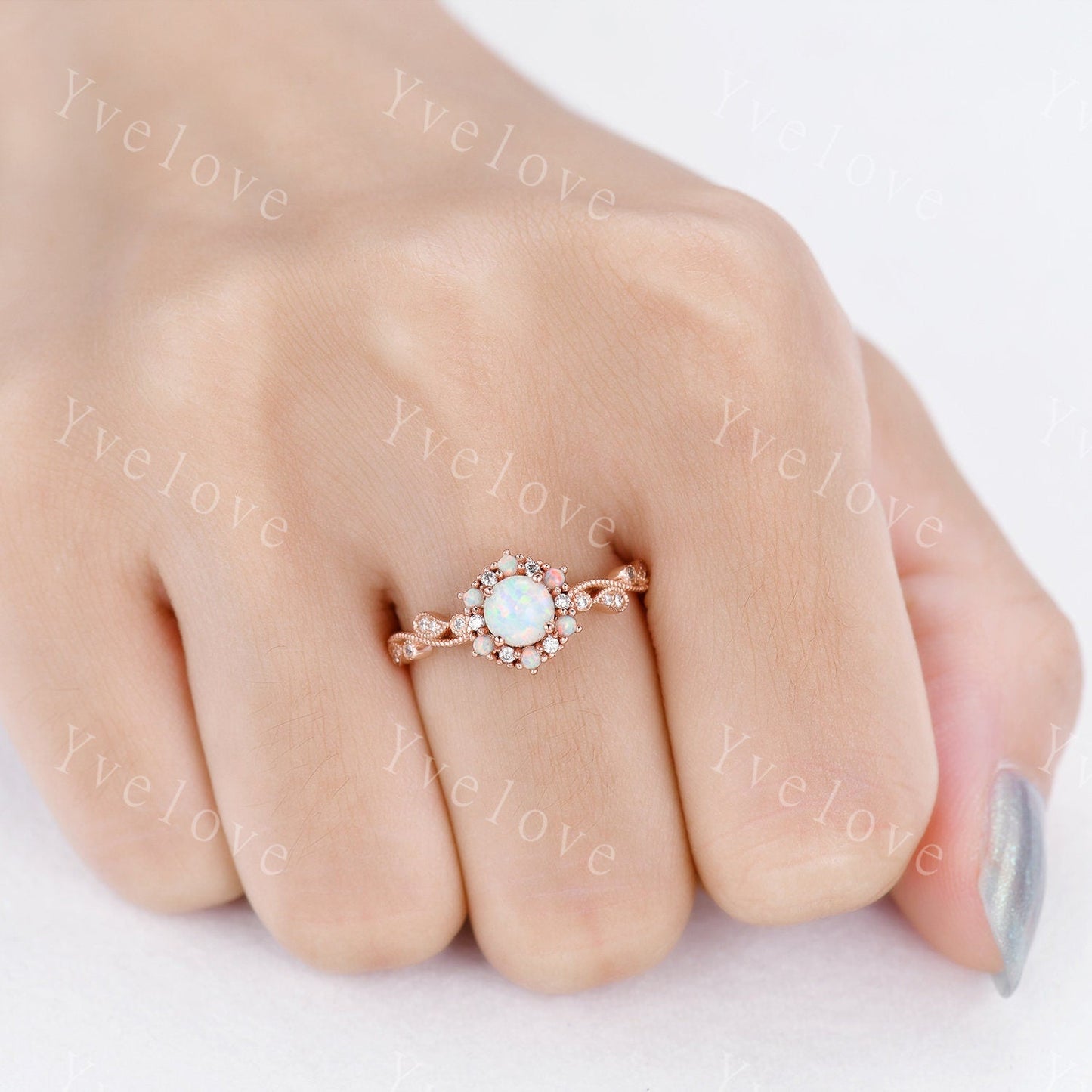 Vintage Opal Engagement Ring Rose Gold  White Opal Diamond Wedding Ring Bridal Ring October Birthstone For Women Promise Anniversary Gift
