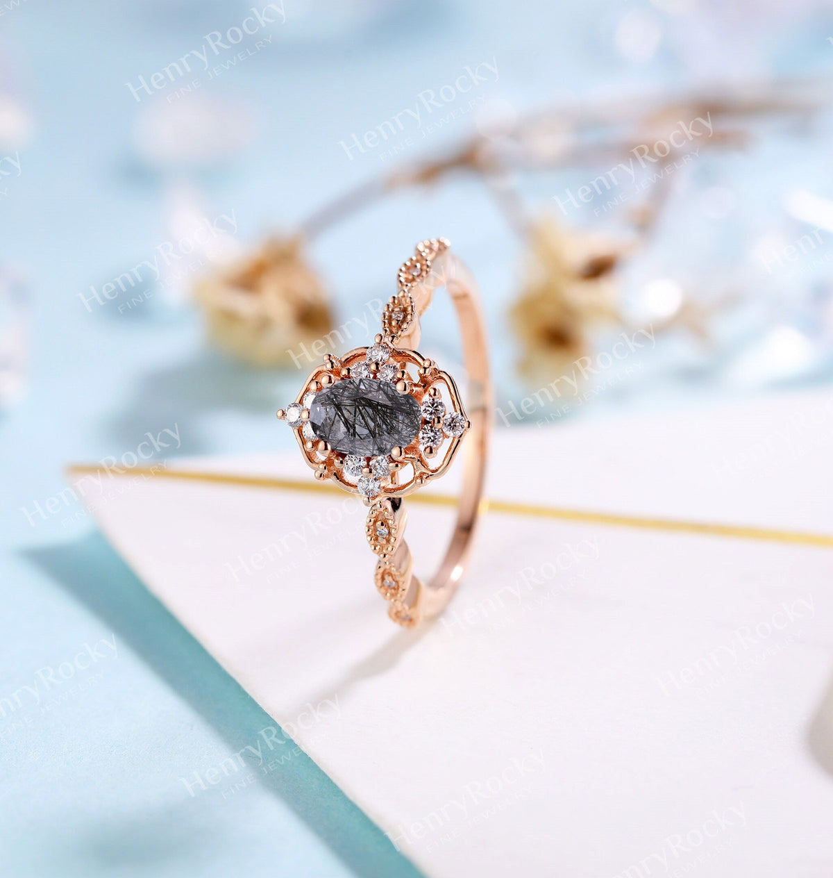Black Rutilated Quartz Engagement women ring | Antique Oval shaped Bridal Jewelry | Art deco Halo Rose gold Ring Milgrain | Anniversary ring